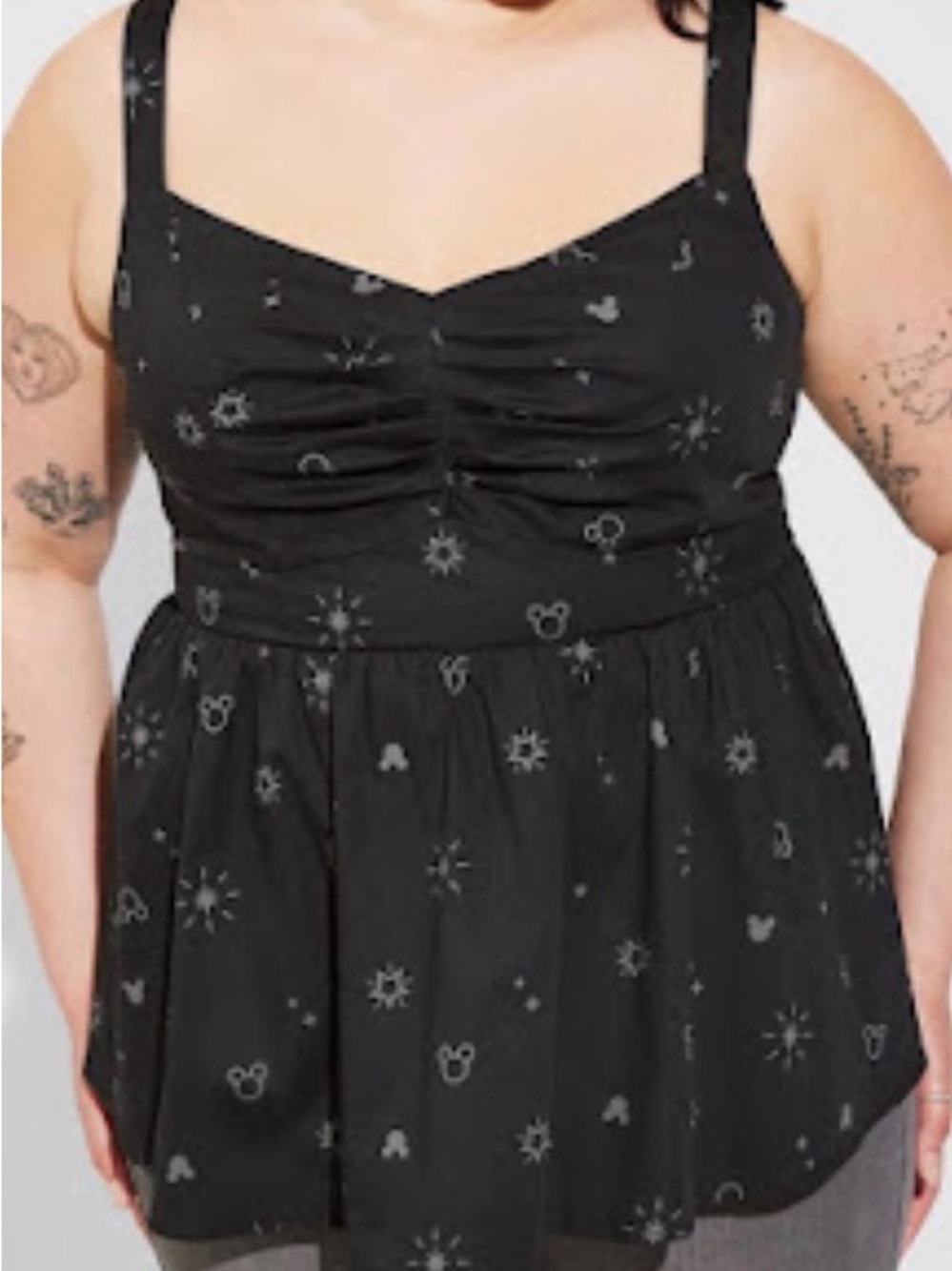 Disney Women’s Black Mickey Mouse Smocked Peplum Sweetheart Tank Top Plus Size 3